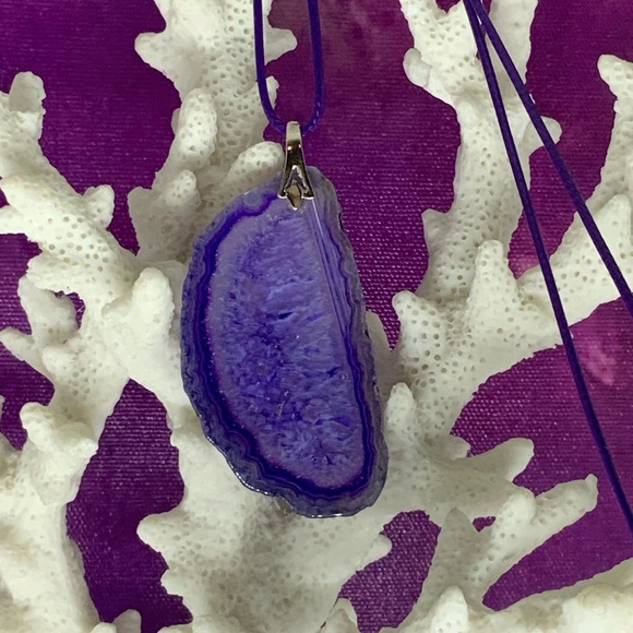Purple Onyx Druzy Geode Agate Pendant Necklace on Waxed Cotton Cord Handmade - Picture 6 of 16